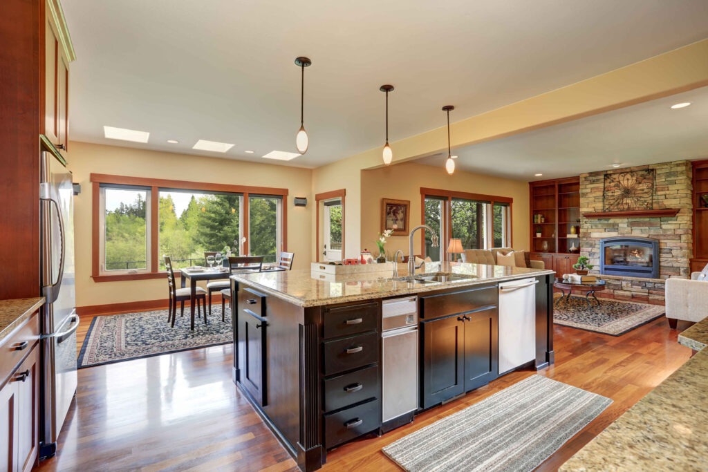 Kitchen Area With Open Floor Plan, View Of Living Room And Dinin